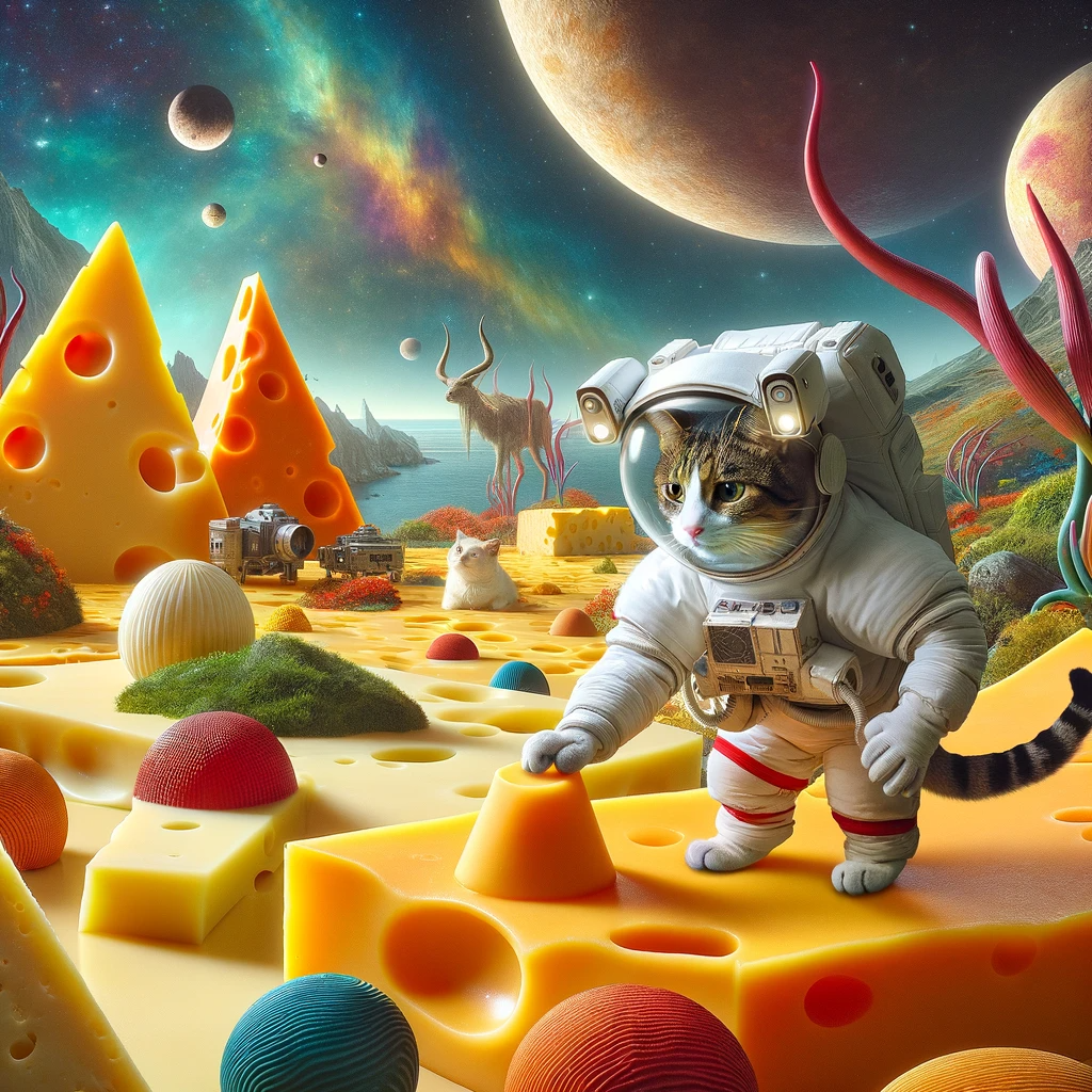 a surrealist scene of a cat astronaut on a planet made of cheese